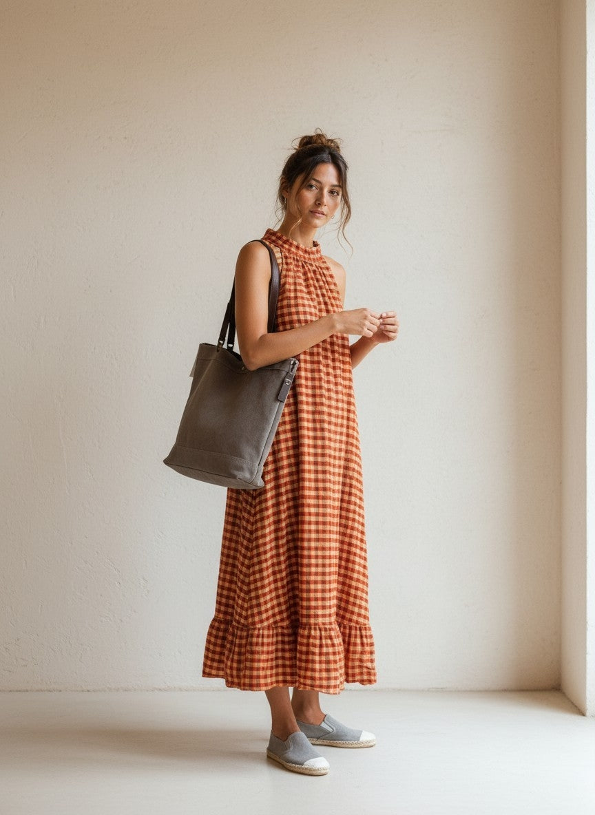 VESTIDO CUADROS SLOW TEJA