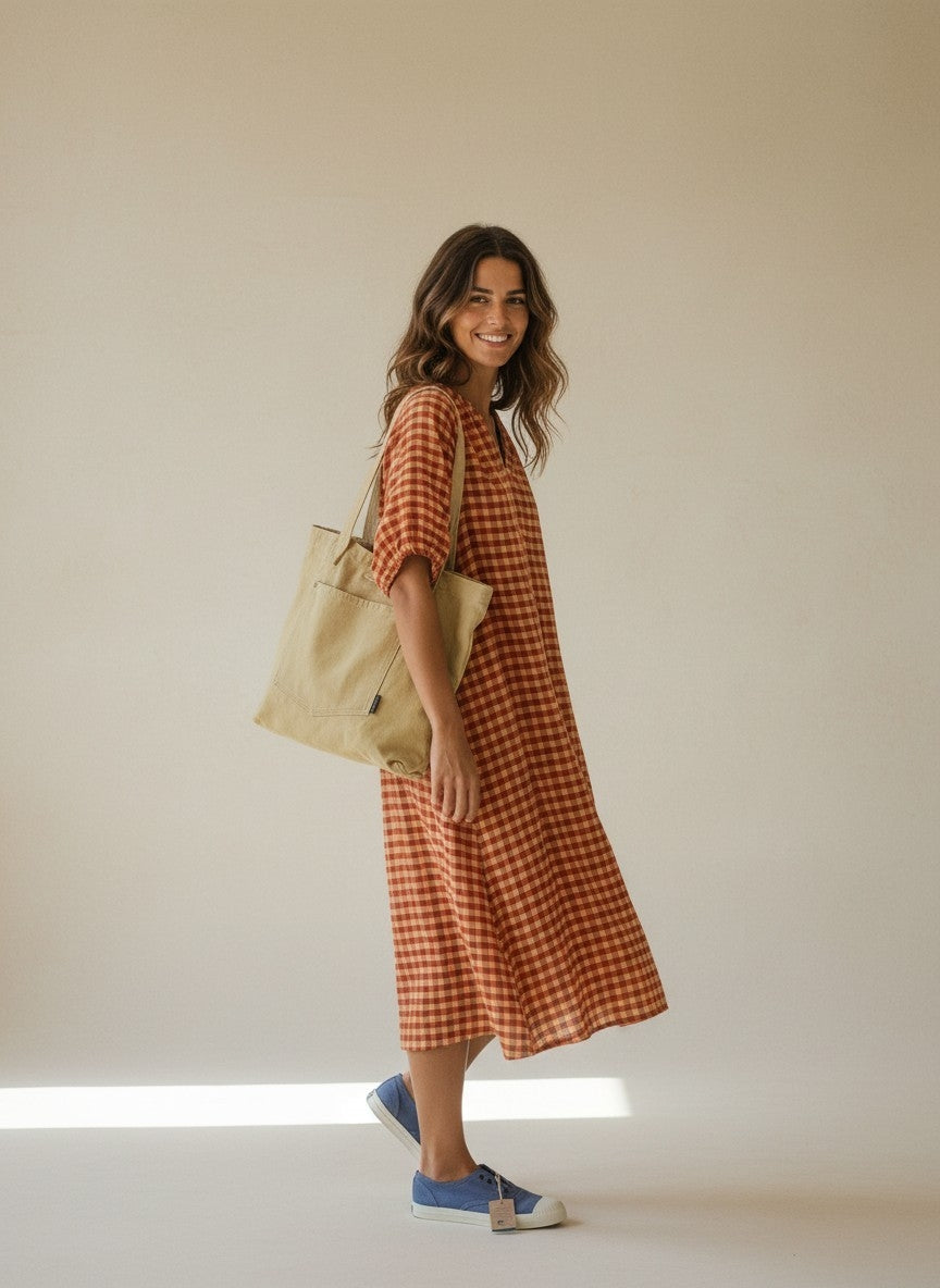 VESTIDO CUADROS OVERSIZE TEJA