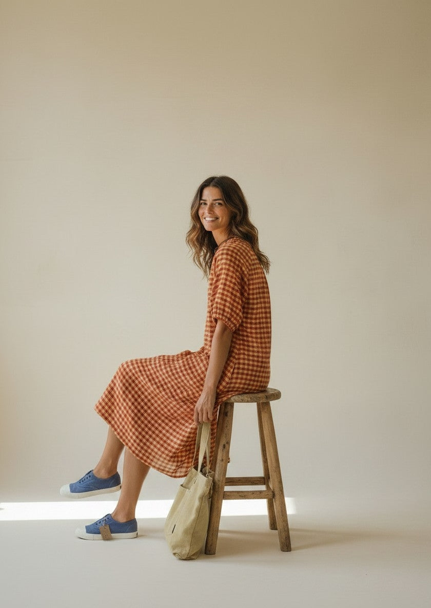 VESTIDO CUADROS OVERSIZE TEJA